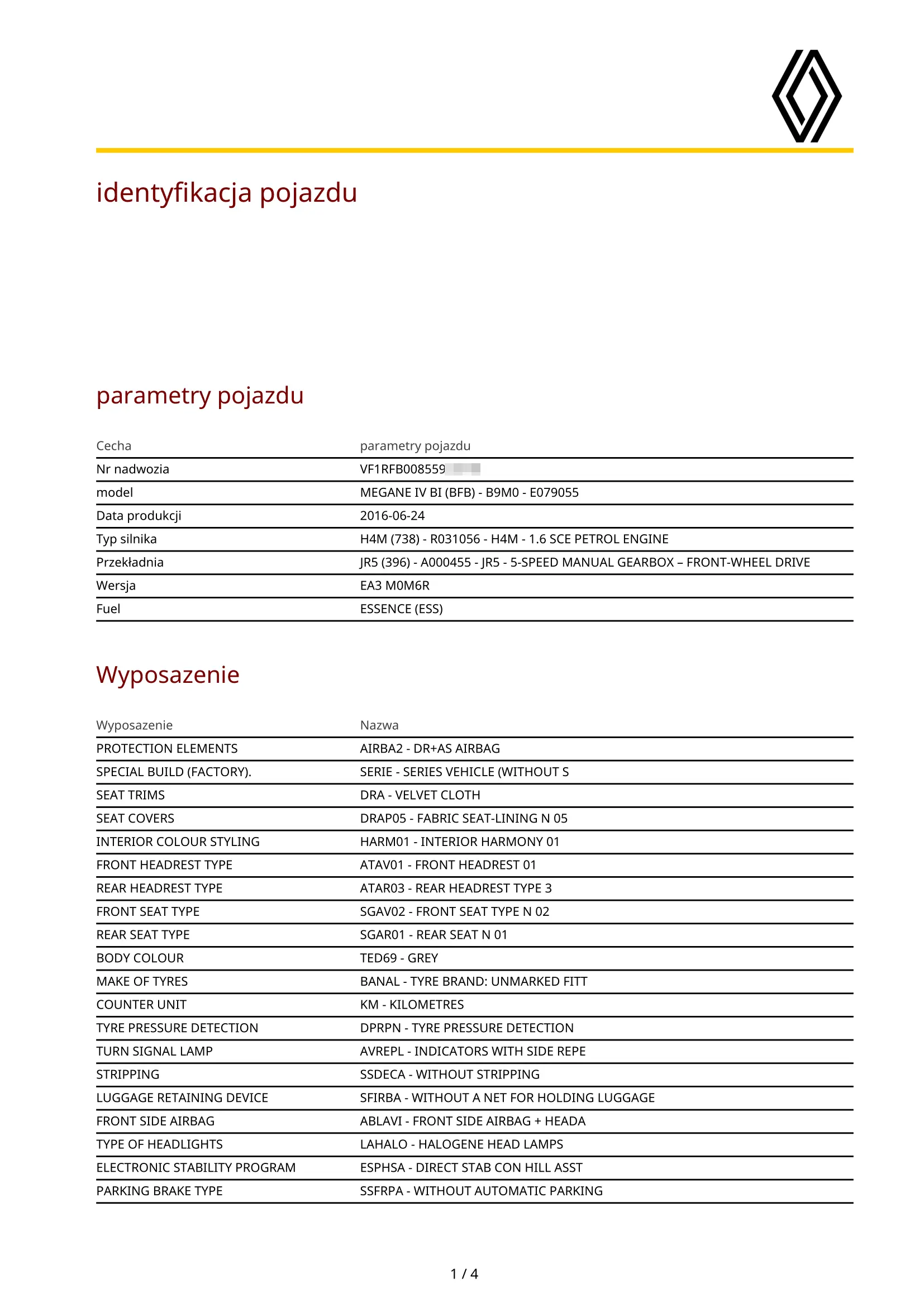 Wyposażenie po VIN Renault - lista wyposażenia w PDF