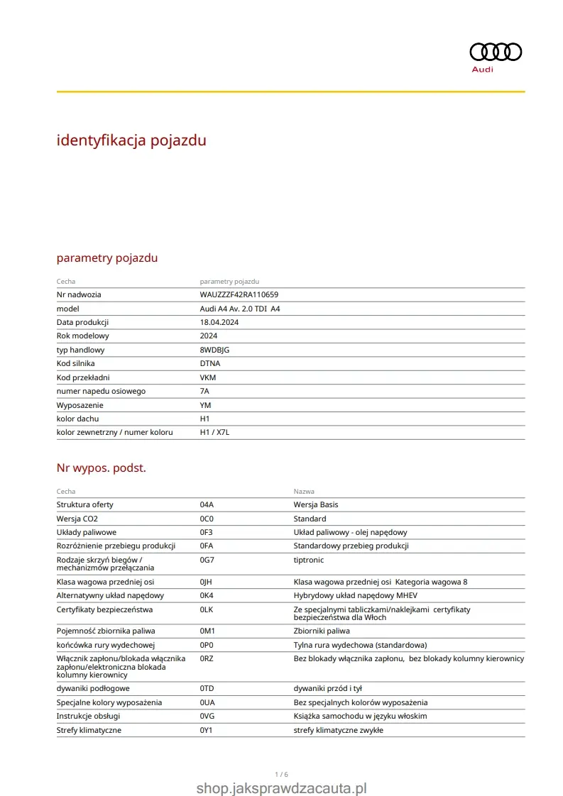 Jak sprawdzić kod silnika i datę produkcji Audi po VIN