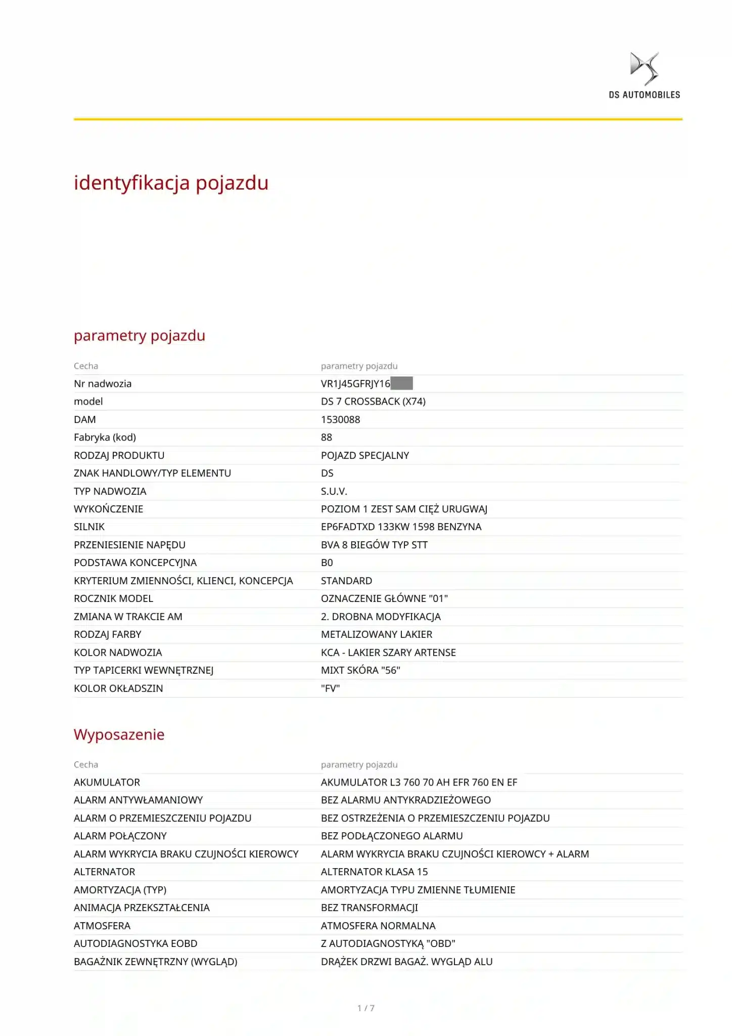 Fabryczne wyposażenie DS po VIN oraz dane identyfikacyjne pojazdu